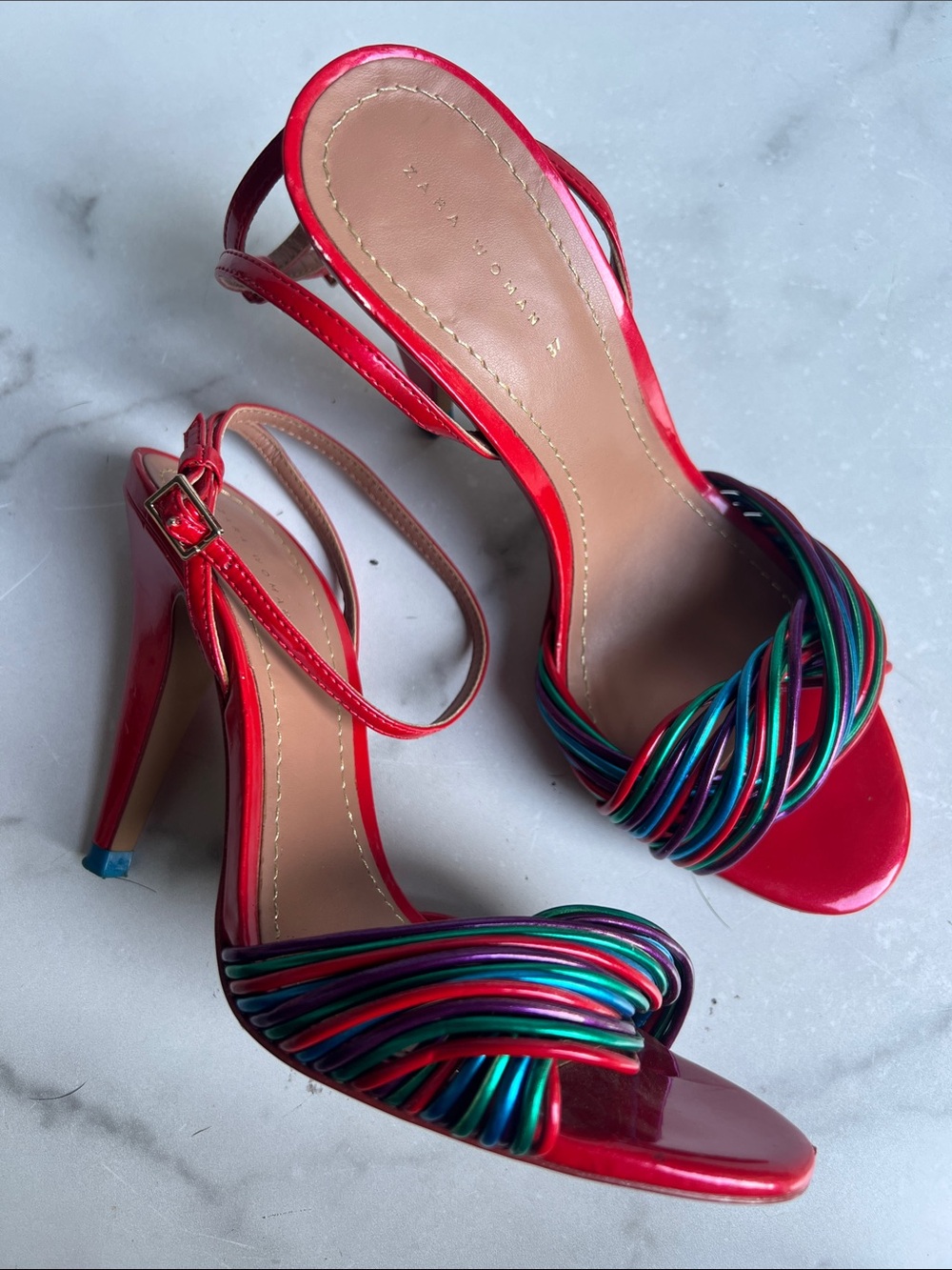 Zara Red High Heel Sandals with Multicolor Braided Straps size 37 fits size 6 - Picture 11 of 13